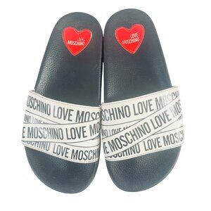 Moschino womens flat shoe logo band slide backless Size 7.5